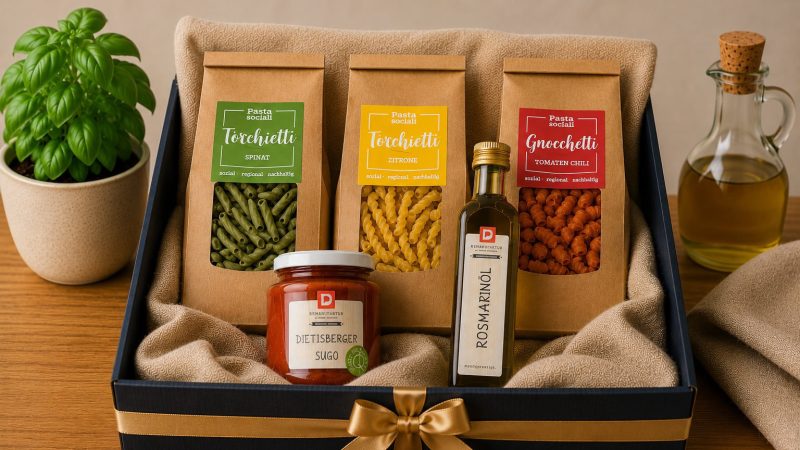 Heimatliebi Box mit regionalen Produkten und Pasta von Pasta sociali by neuewelt